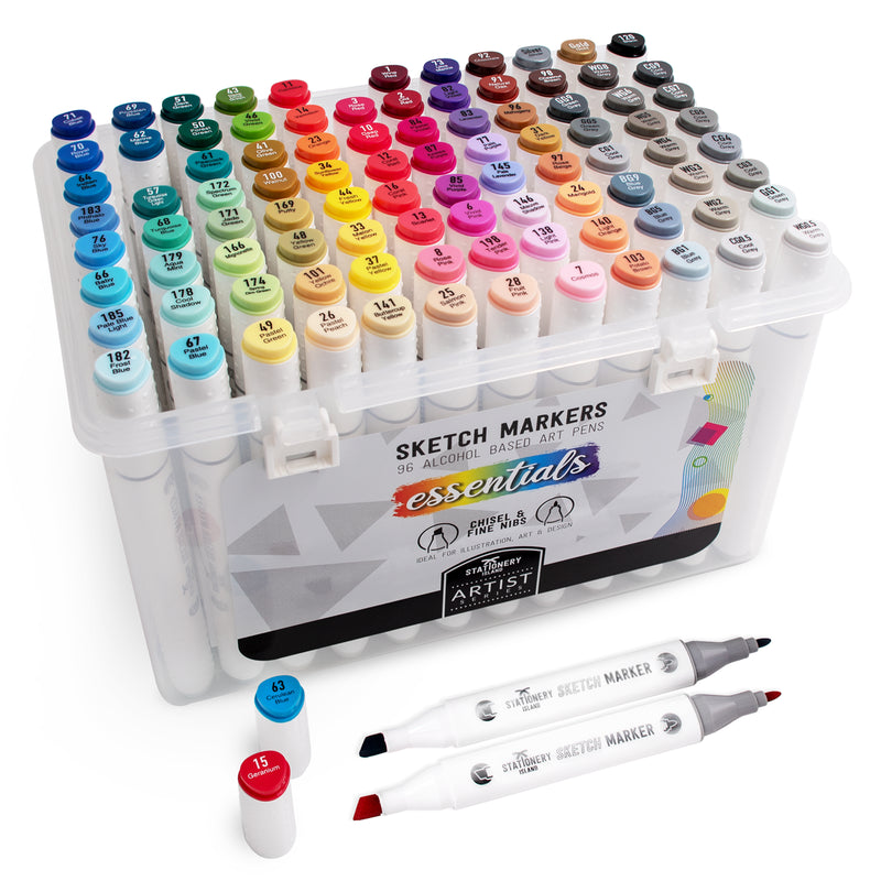 A set of 96 essential colours sketch markers with a hard carry case - Stationery Island