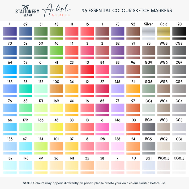96 different shades of colour that are included in the essential colours sketch markers - Stationery Island