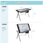 Dimensions of Saba- TP drafting table when the worktop is flat and when the worktop is tilted to its maximum height - Stationery Island 