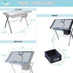 Dimensions of the leg space, working space and drawer space of the Saba- TP drafting table - Stationery Island 