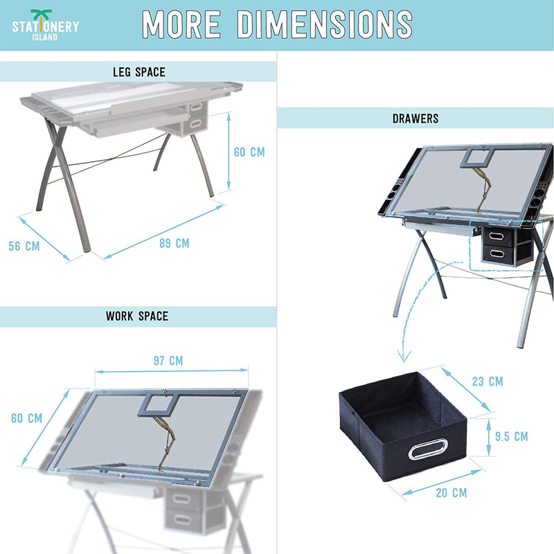 Dimensions of the leg space, working space and drawer space of the Saba- TP drafting table - Stationery Island 