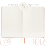 The Shelly Kim A5 dotted notebook, bullet journal has a 5mm dotted grid with 120gsm ivory paper - Stationery Island