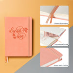The Shelly Kim A5 dotted notebook, bullet journal has 2 ribbon bookmarks, an expandable pocket and an elastic band closure - Stationery Island