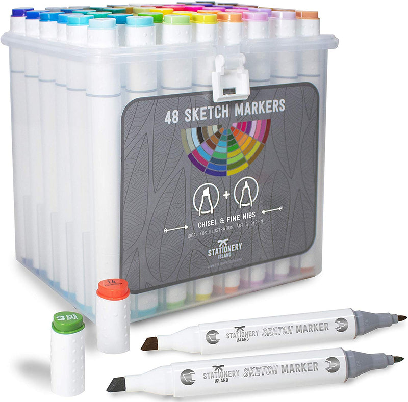 A set of 48 essential colours sketch markers in a hard carry case - Stationery Island