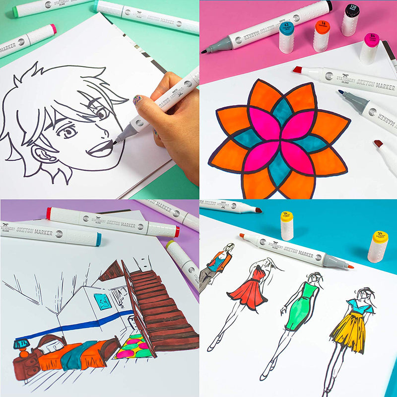 Drawings created by using the essential colours sketch markers - Stationery Island