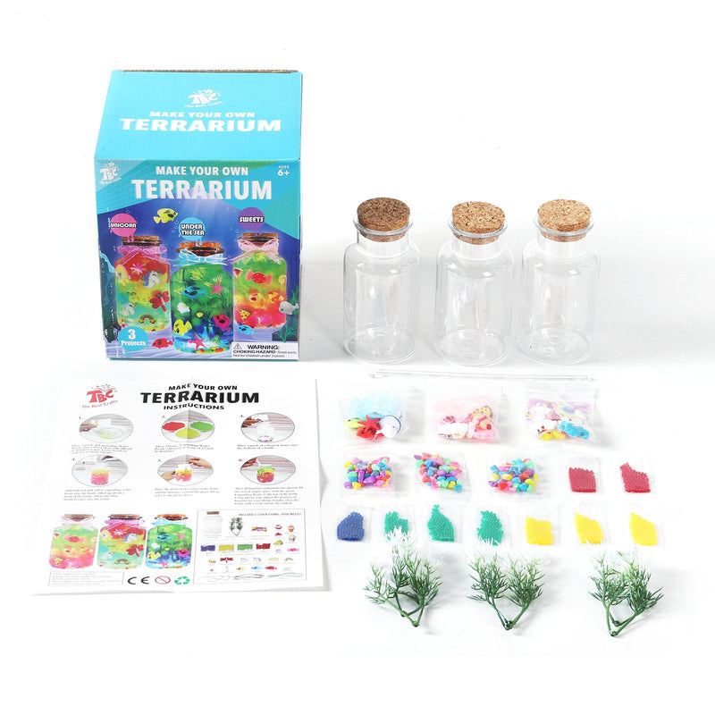 TBC make your own terrarium with 3 jars, 3 sets of water beads alongside other objects to place inside and an instruction sheet - Stationery Island 