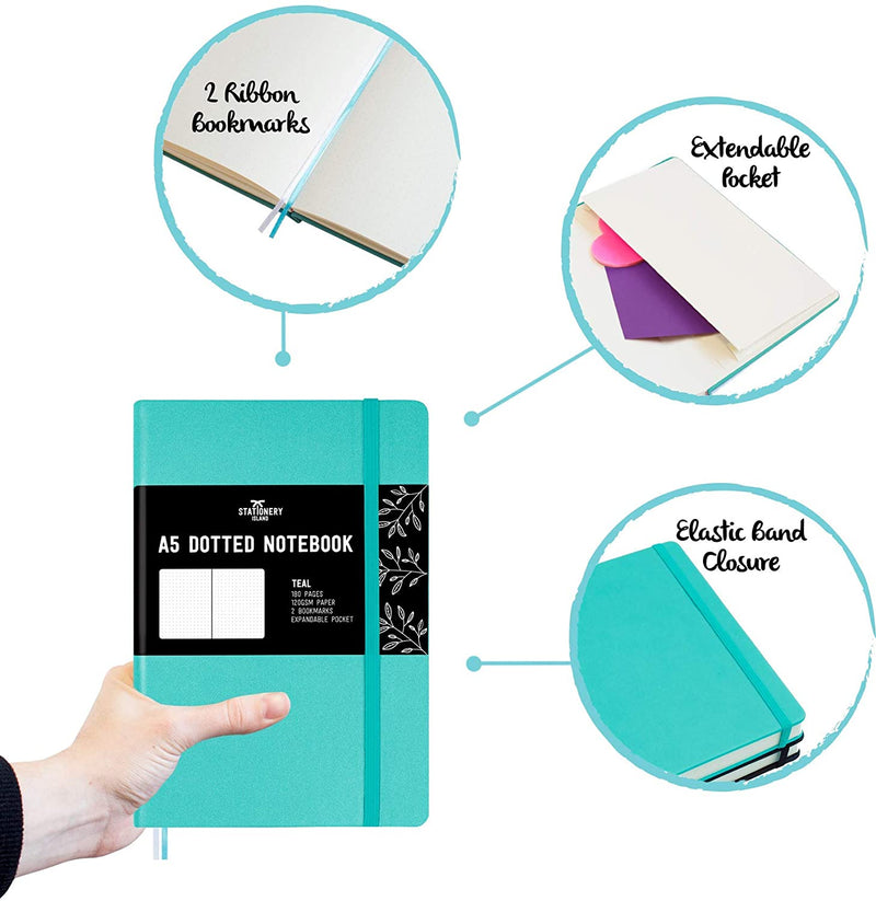 The teal A5 dotted notebook, bullet journal has 2 ribbon bookmarks, an extendable pocket and an elastic band closure  - Stationery Island