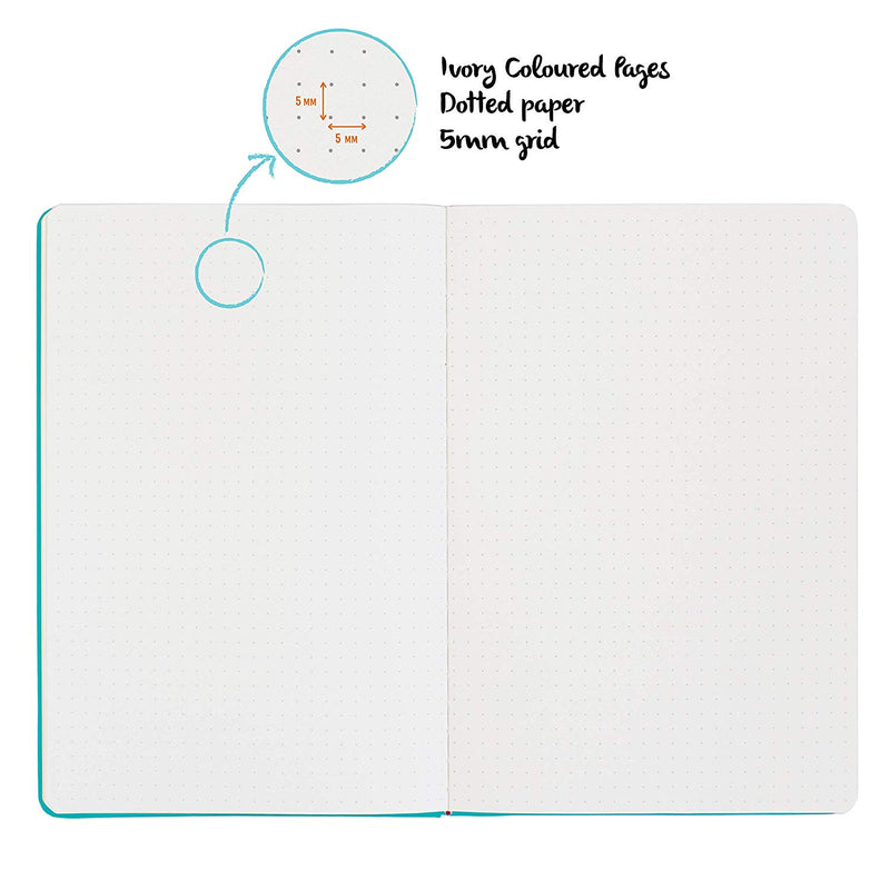 The teal A5 dotted notebook with accessories, bullet journal has ivory coloured pages with 5mm grid dotted paper - Stationery Island