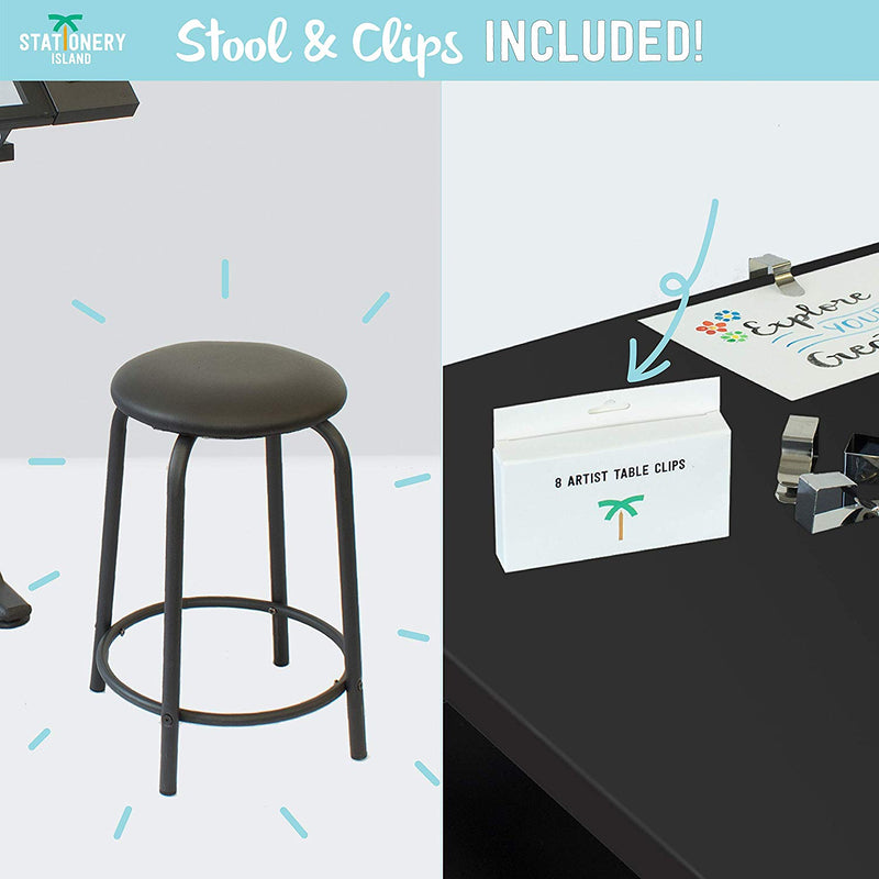 A stool and 8 artist table clips included with the Tiree drafting table - Stationery Island
