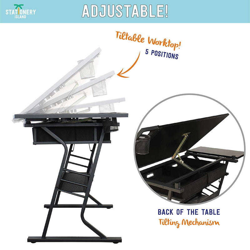 Adjustable worktop that can be tilted into 5 positions and a tilting mechanism at the back of the table on the Tiree drafting table - Stationery Island