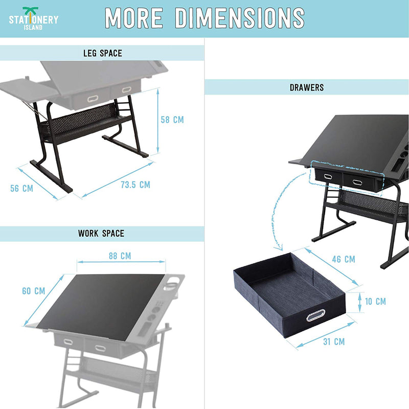 Dimensions of the leg space, table work space and the drawers of the Tiree drafting table - Stationery Island