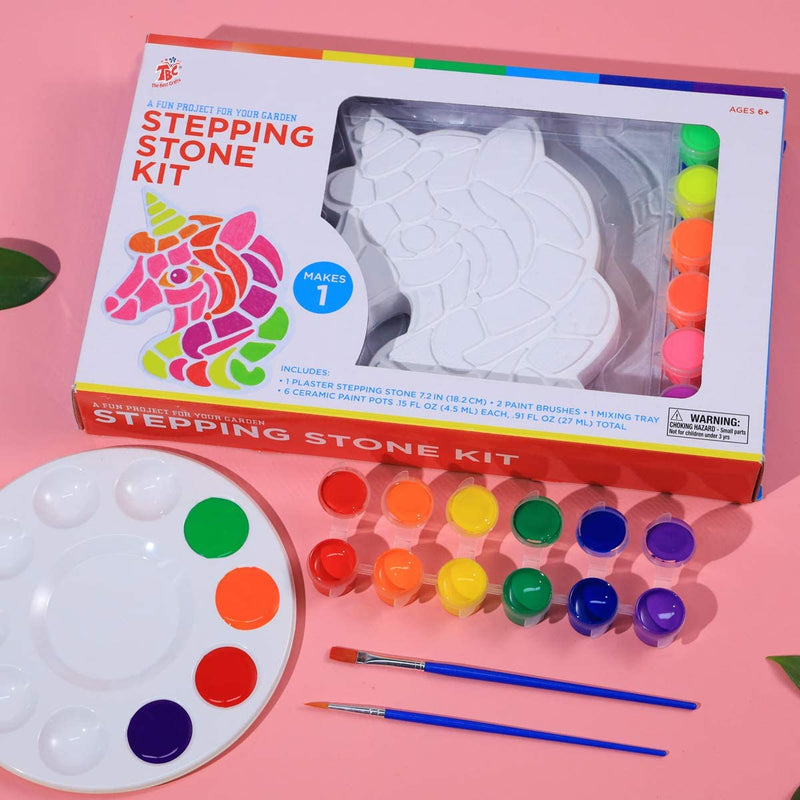A unicorn TBC paint your own stepping stone that includes 6 ceramic paint pots, 2 brushes, a mixing tray and a plaster stepping stone - Stationery Island