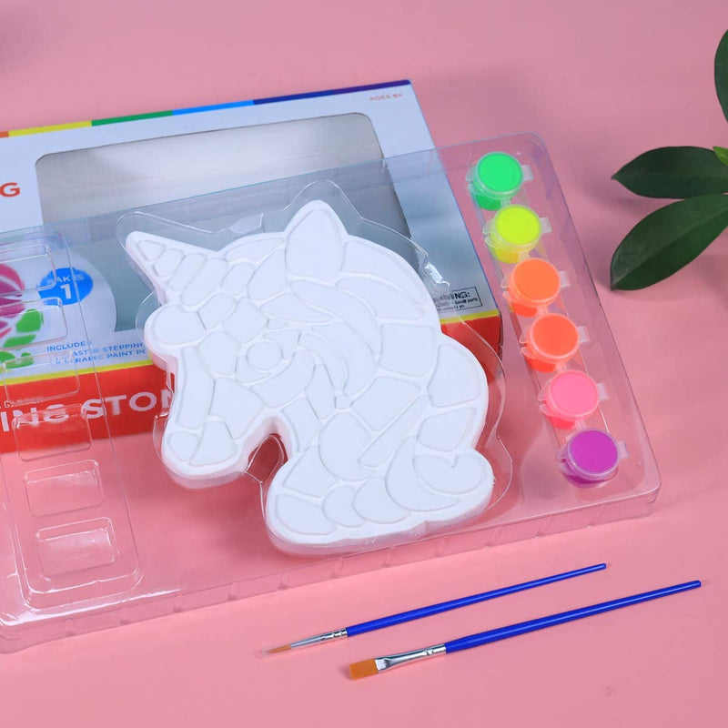 Paint, 2 paintbrushes and a stepping stone unicorn from the unicorn TBC painting your own stepping stone - Stationery Island 