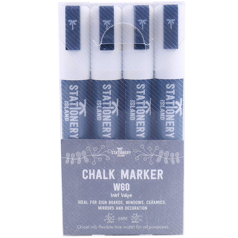 Pack of 4 white wet wipe W60 chalk pens with a 6mm chisel nib - Stationery Island