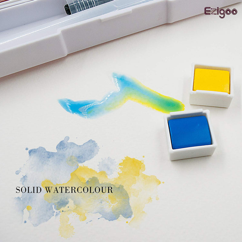 Paint colours from the Ezigoo watercolour paint set that has 24 colours and an aqua brush, used on paper to show that it is a solid watercolour - Stationery Island