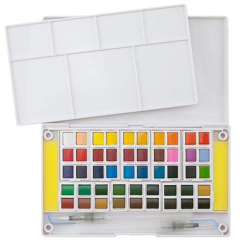 An Ezigoo watercolour paint set with 48 colours, an aqua brush, 5 mixing palettes and a cleaning sponge - Stationery Island