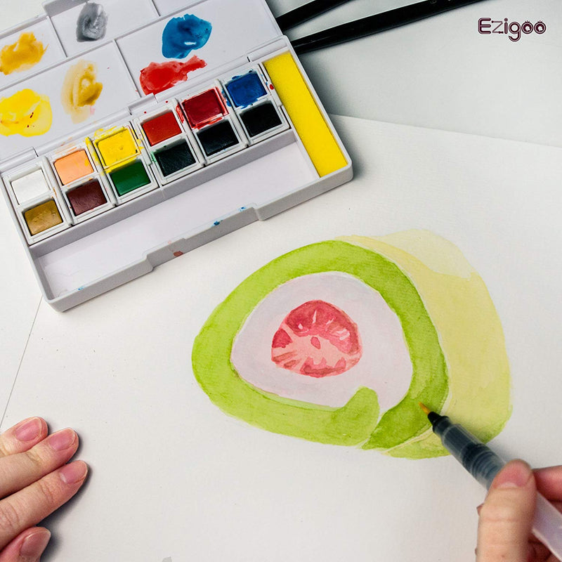 Colours from the Ezigoo watercolour paint set that has 12 colours and an aqua brush, used to paint a picture of a fruit - Stationery Island