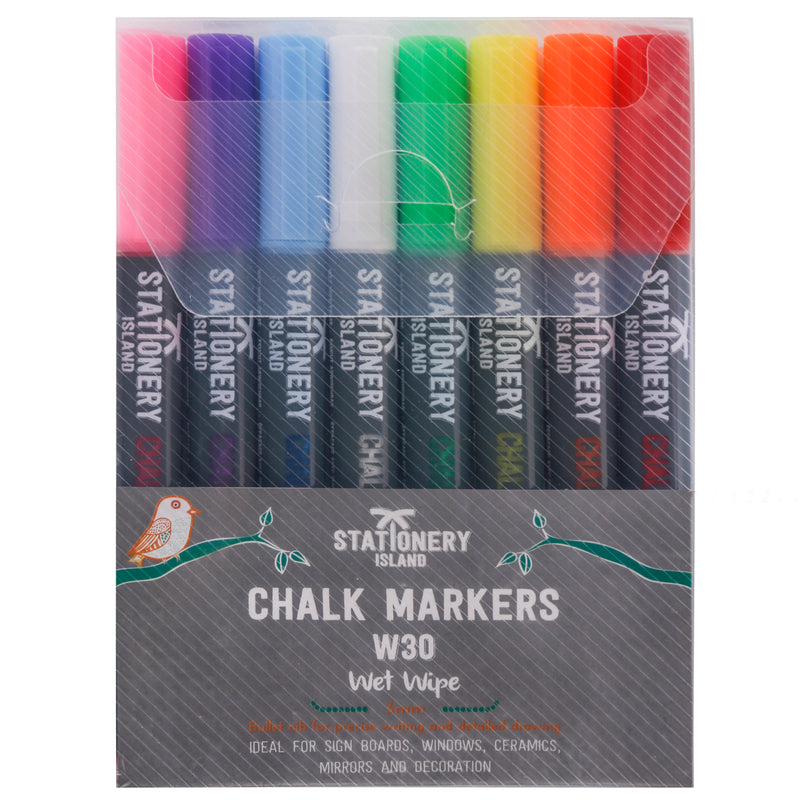 A pack of 8 wet wipe W30 chalk pens with a 3mm fine nib in their packaging - Stationery Island