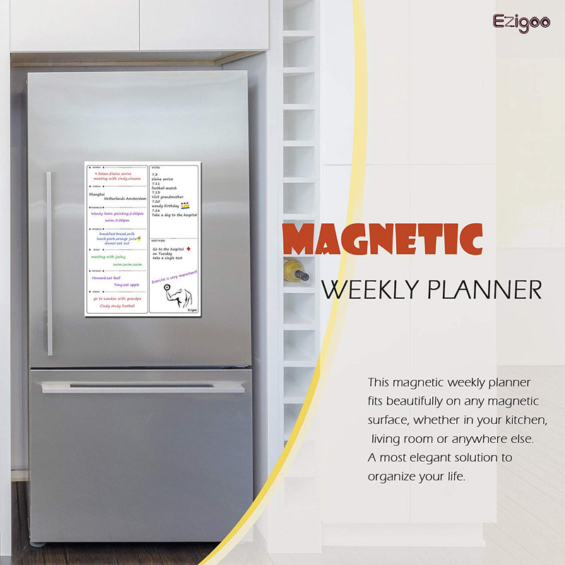 A white dry wipe 30x40cm Ezigoo magnetic weekly planner/calendar can be placed on any magnetic surface - Stationery Island