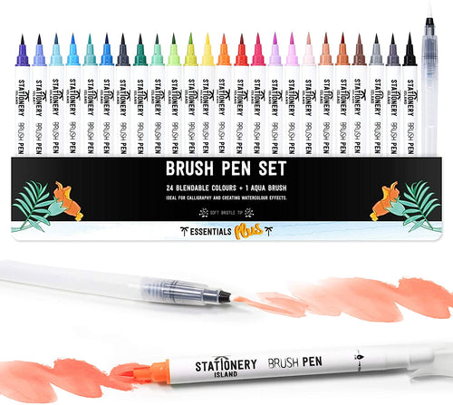 Packaging of the 24 essential colours brush pens with an aqua brush included - Stationery Island