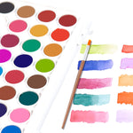 TBC watercolour cakes with 36 colours shown on paper by swatches - Stationery Island