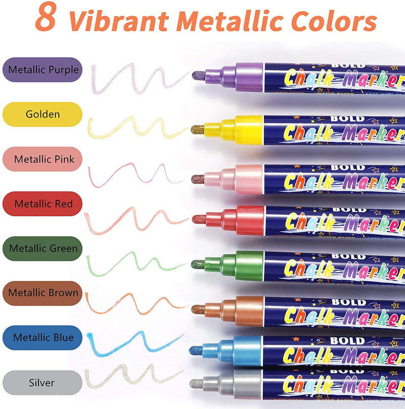 The colour names of the TBC liquid chalk markers in 8 colours are written down beside the pens - Stationery Island 