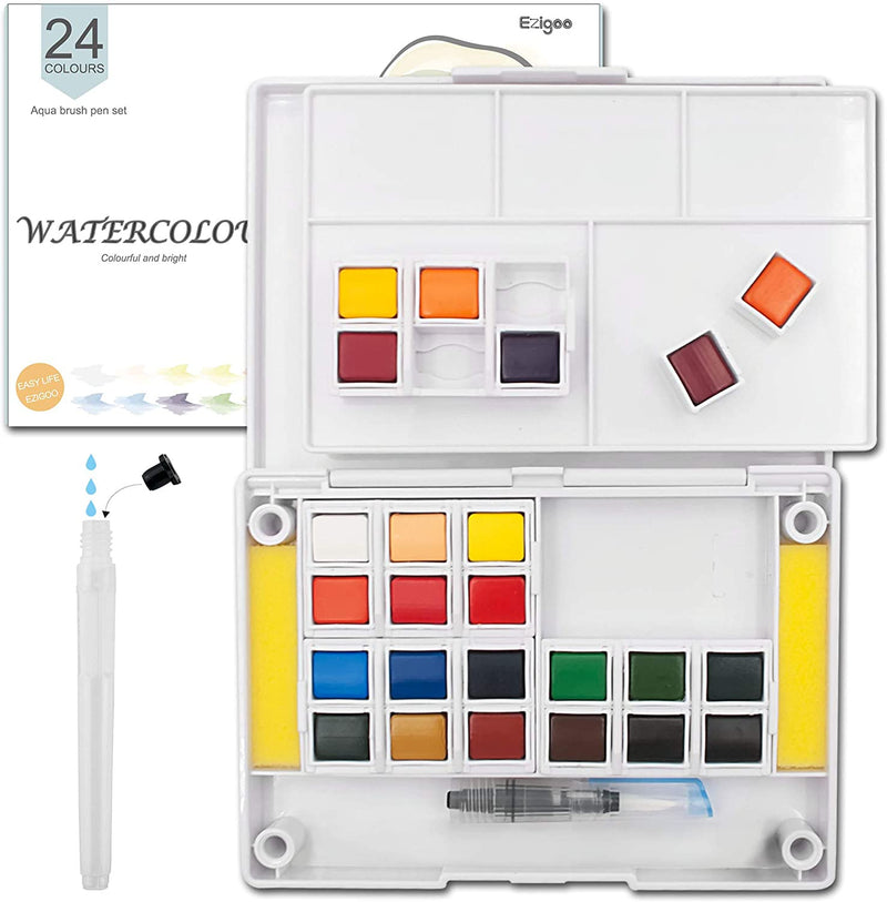 An Ezigoo watercolour paint set with 24 colours, an aqua brush, 5 mixing palettes and a cleaning sponge - Stationery Island