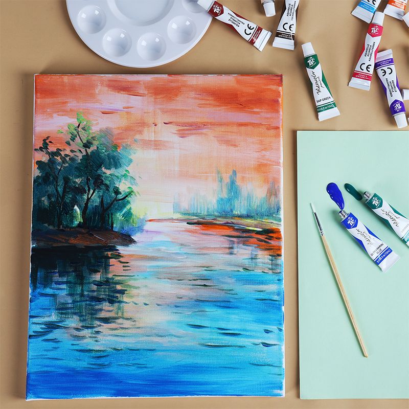 A canvas from the pack of 8 TBC 5" x 7" white stretched canvases, used to draw a painting of a river - Stationery Island