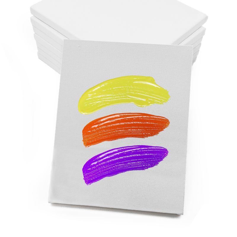 A canvas from the pack of 8 TBC 5" x 7" white stretched canvases, used to make paint swatches of 3 different colours on - Stationery Island