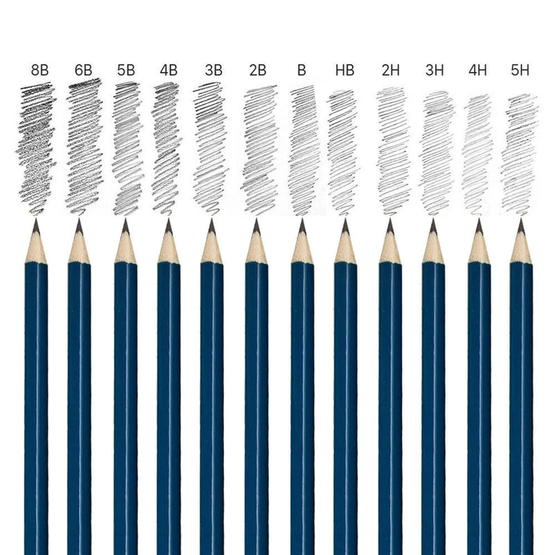 A graphite grading scale shown with graphite pencils below which are included in the set of 72 drawing art tool kit - Stationery Island