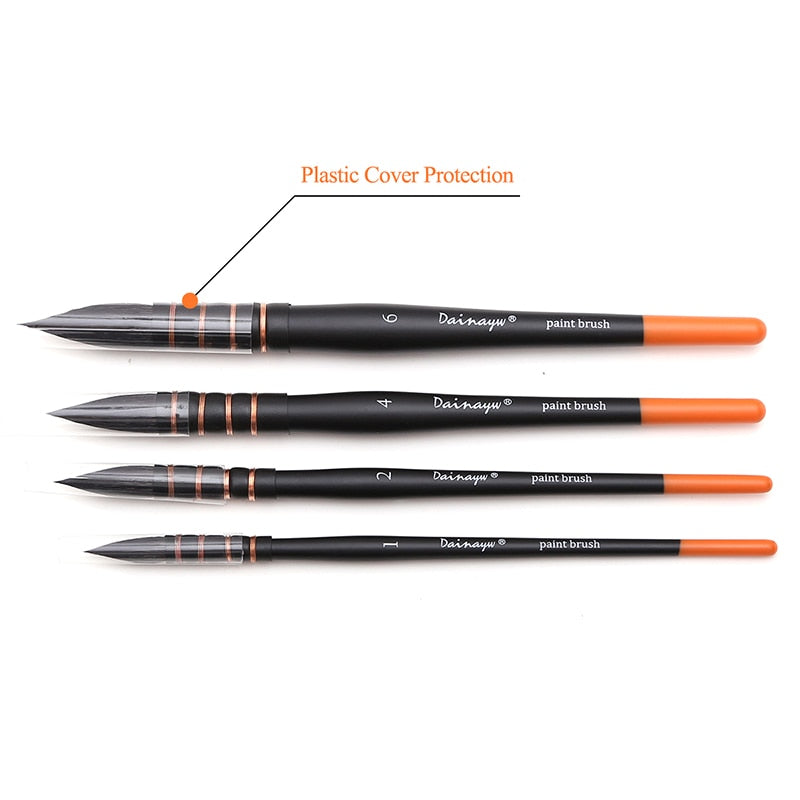 A set of four Dainayw round squirrel hair paintbrushes shown as having a plastic cover protection - Stationery Island 