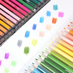 Different coloured oil colouring pencils in a row with their colour marks on plain paper - Stationery Island