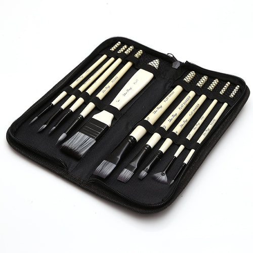 A set of 10 cream assorted nylon paintbrushes shown inside the carry case - Stationery Island
