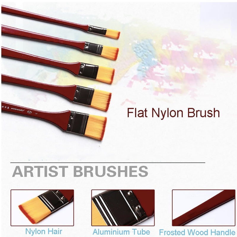 5 flat nylon brushes that have nylon hair, an aluminium tube and a frosted wood handle - Stationery Island