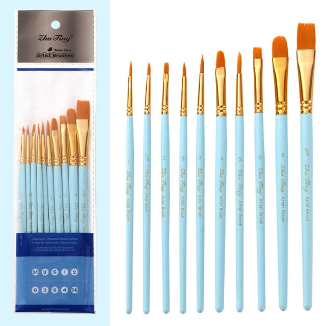 10 blue Dainayw assorted nylon painbrushes shown in their packaging - Stationery Island