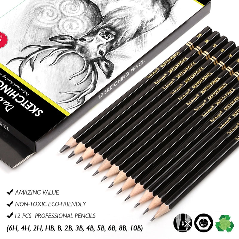 Set of 12 drawing sketching pencils with box packaging and description of pencils being of amazing value, non-toxic and eco-friendly - Stationery Island