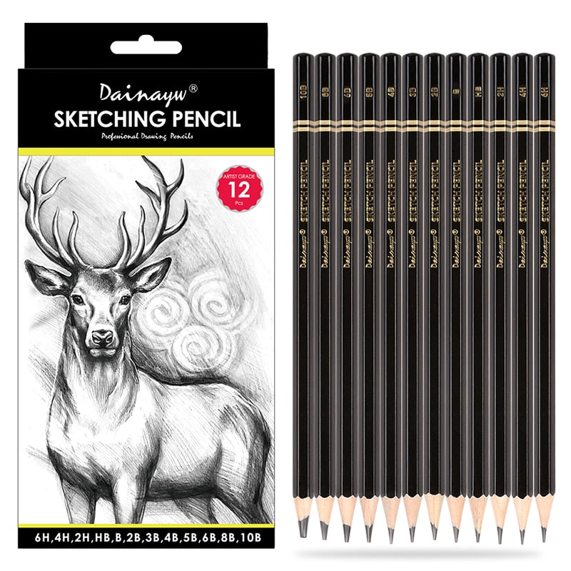 Set of 12 drawing sketching pencils placed in a row with front of box packaging shown on the side - Stationery Island