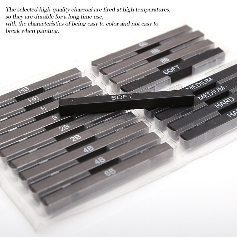 Description of charcoal sticks being of high quality, long lasting and not easily breakable - Stationery Island
