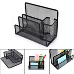 A black metal mesh desk organiser with stationery items inside - Stationery Island 