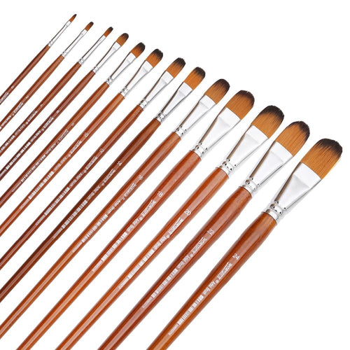 13 Dainayw filbert nylon brushes laying flat in a row diagonally - Stationery Island