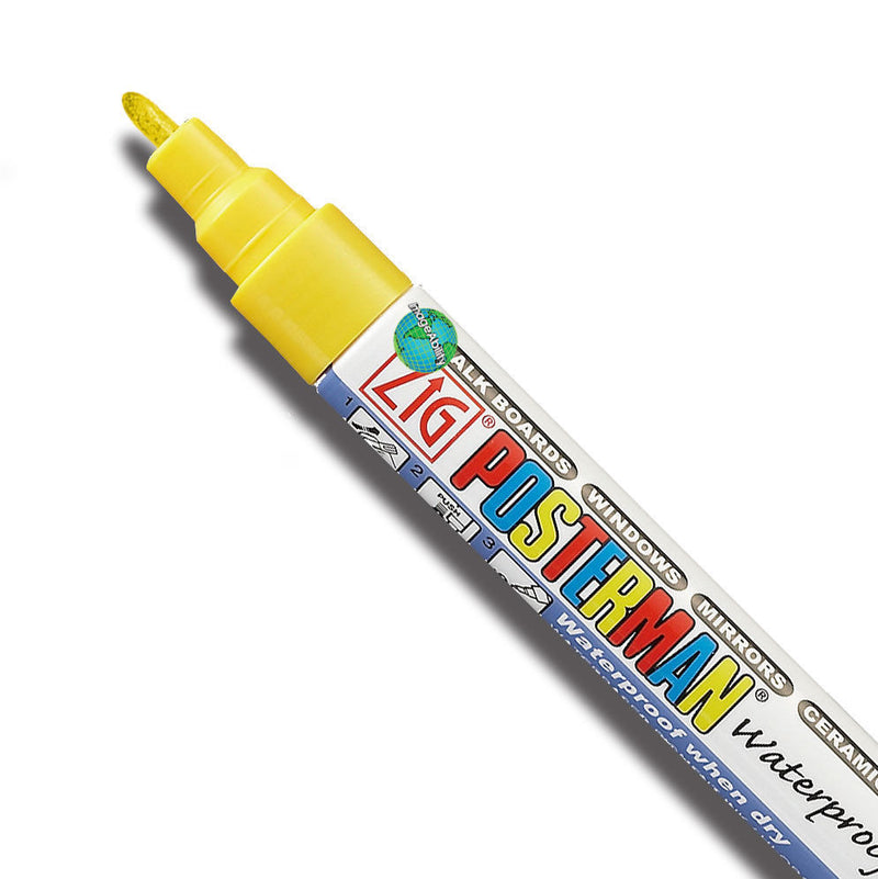 A yellow Kuretake ZIG Posterman waterproof chalk pen with a 1mm fine nib - Stationery Island