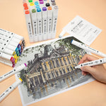 The assorted colours sketch markers used to create a drawing of a building - Stationery Island