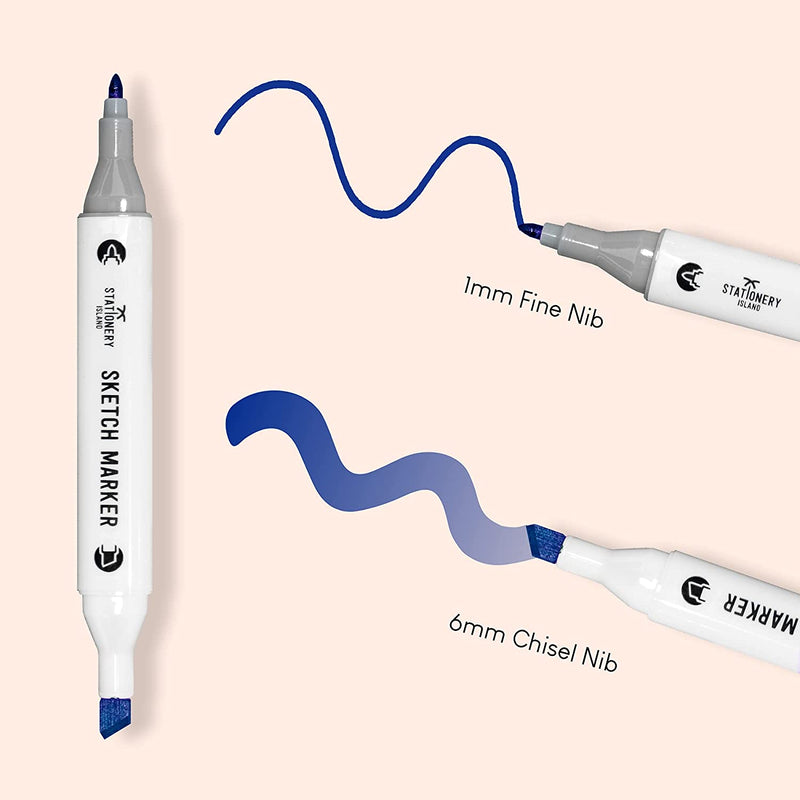 On one side of the assorted colours sketch markers is a 1mm fine nib and on the other side there is a 6mm chisel nib - Stationery Island