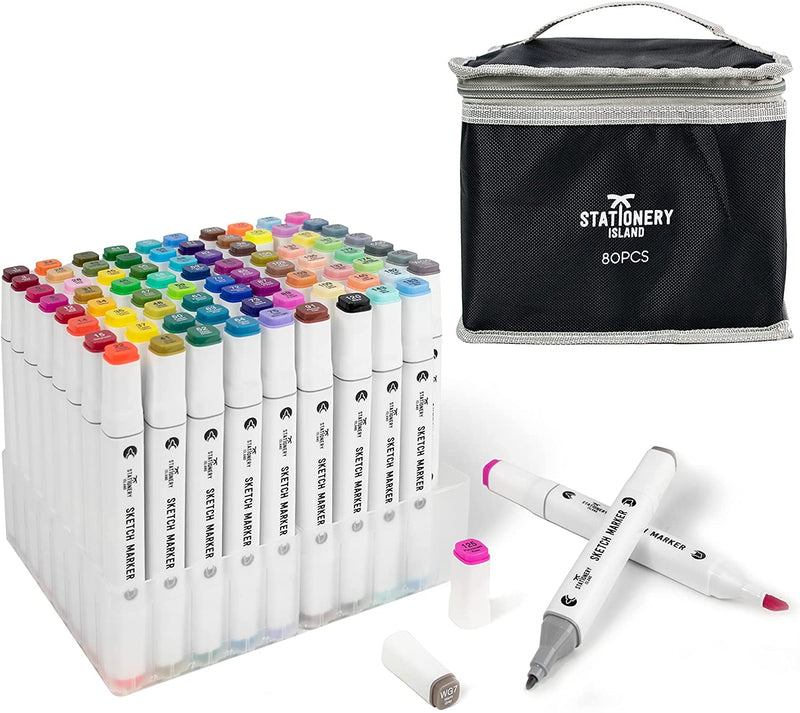 A set of 80 assorted colours sketch markers with a soft carry case - Stationery Island
