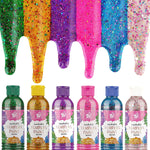 A pack of 6 TBC Tempera sparkle paints dripping down from the top with the paint bottles underneath - Stationery Island