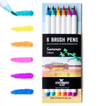6 summer colours brush pens inside their packaging and a mark on the paper to show each colour - Stationery Island 