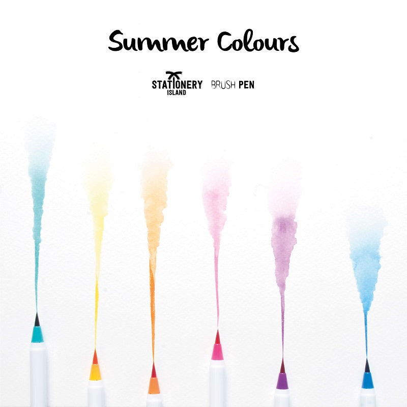6 summer colours brush pens that are facing upwards letting out some ink to show to colours of the brush pens - Stationery Island