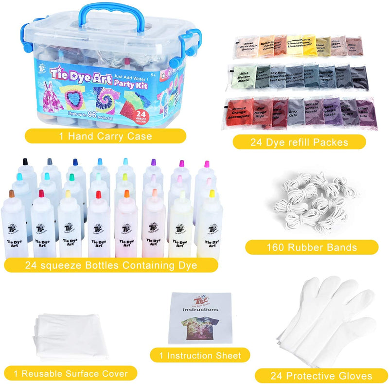 A box of TBC tie dye arty party kit with 24 colours, 160 rubber bands, a reusable surface cover and a hand carry case with 24 protective gloves - Stationery Island