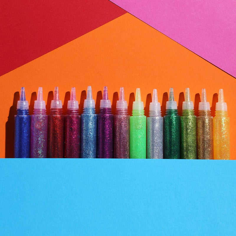 Different colours of TBC glitter glue pens standing in a row - Stationery Island