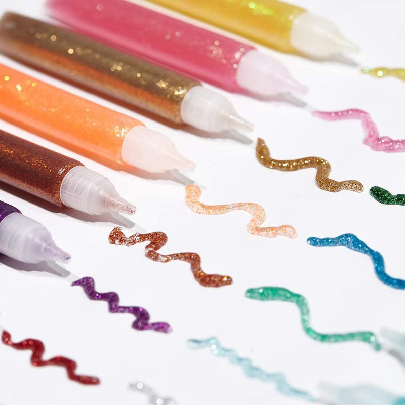 Different colours of TBC glitter glue pens shown on paper - Stationery Island